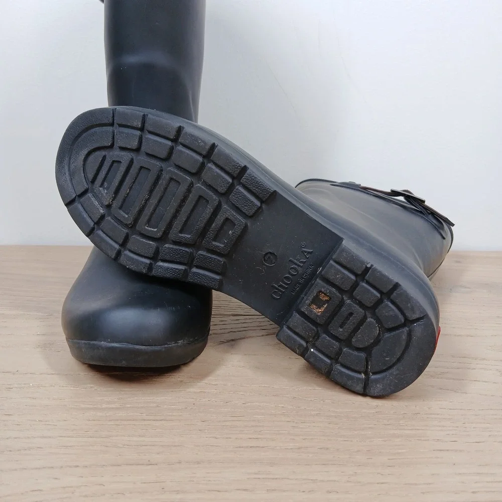 Chooka Rain Boots Womens 7 Black Waterproof Rubber Mid Calf Buckle Matte Finish